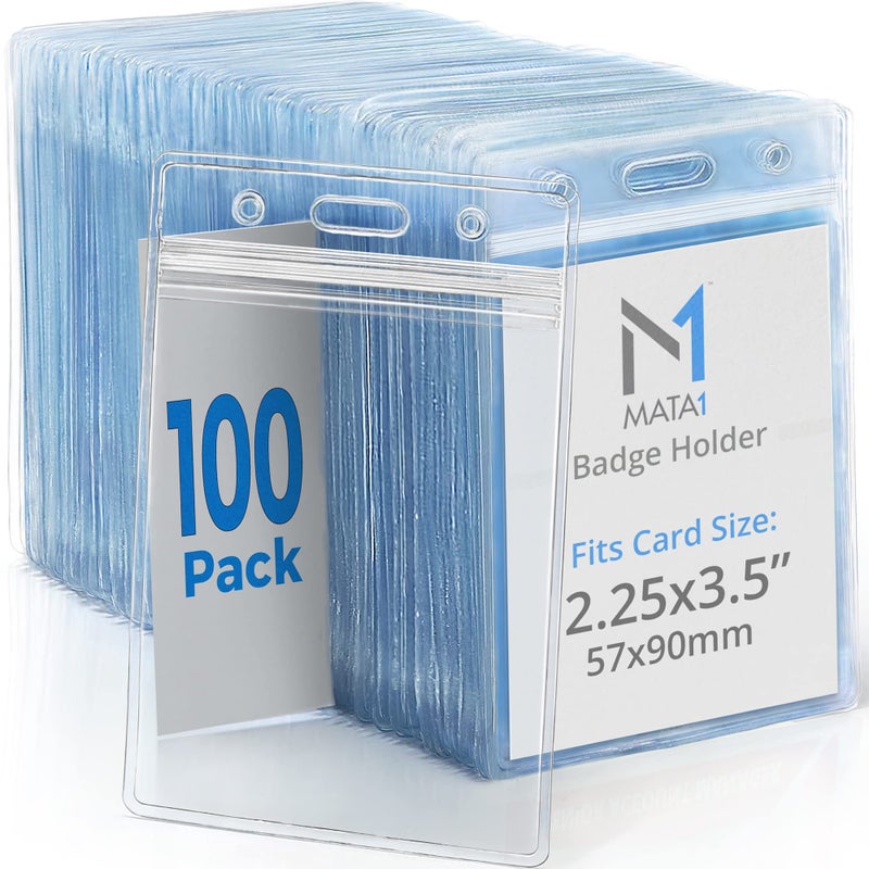Mata1-USA Extra-Thick Vertical ID Name Badge Holder (Clear, 2.25x3.5 Inch, 100 Pack), Plastic Nametag Card Holders with Zipper - Image 1
